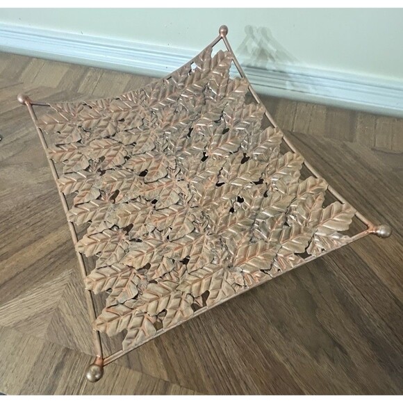 Solid Steel Embossed FALL LEAVES Square TRAY Rose Gold & Copper Boho Country - Picture 3 of 11